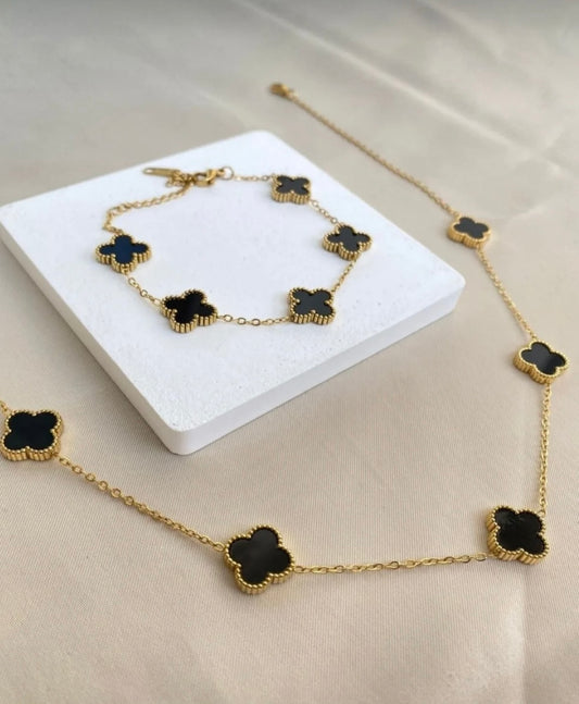 Siyah Çelik Yonca Kolye,Bileklik Set